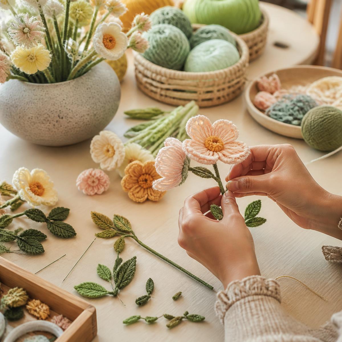 Crochet petals, leaves and chenille stems laid out on a worktable while a flower is assembled