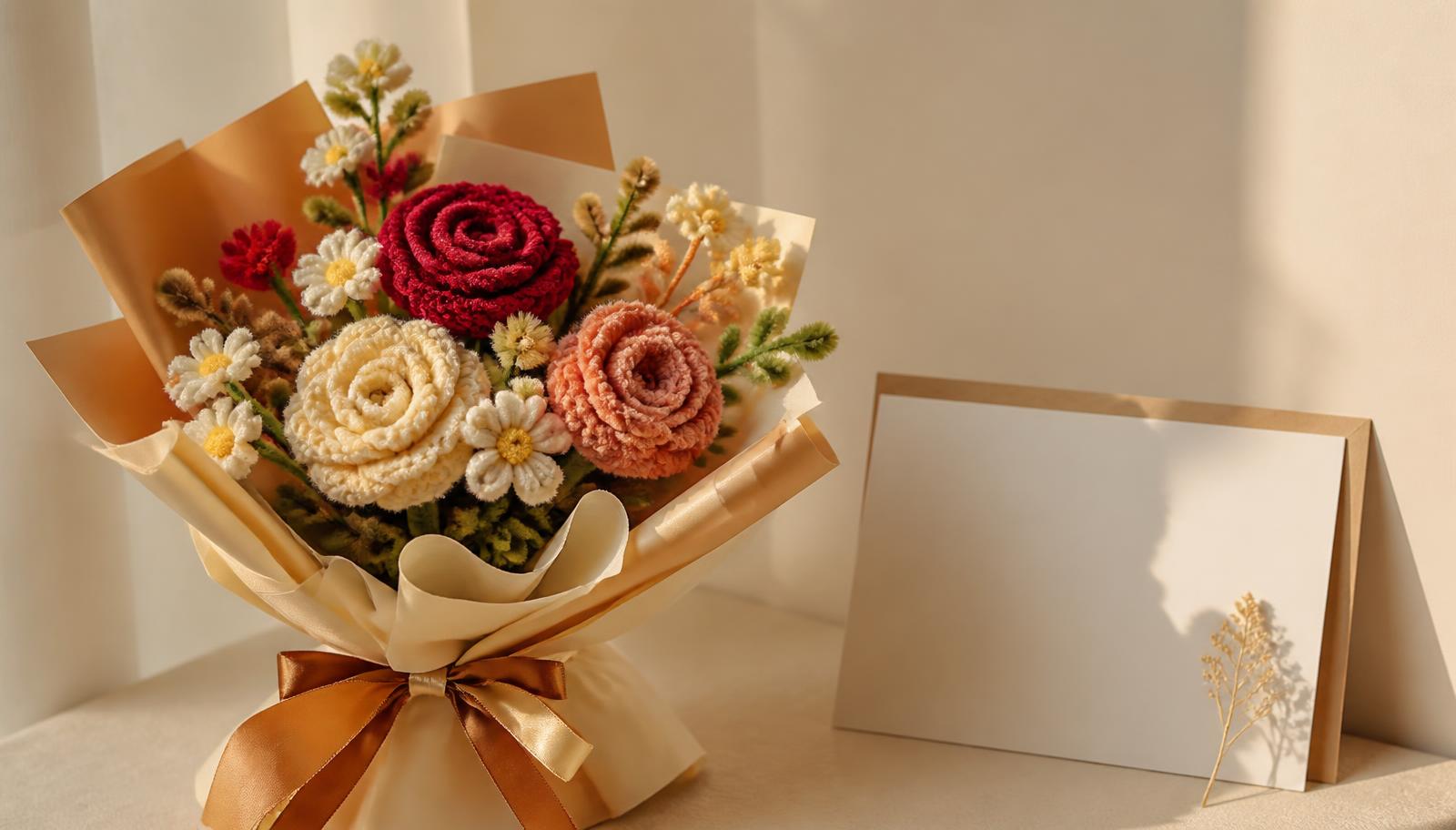 Handmade crochet flower bouquet wrapped for gifting beside a blank gift card