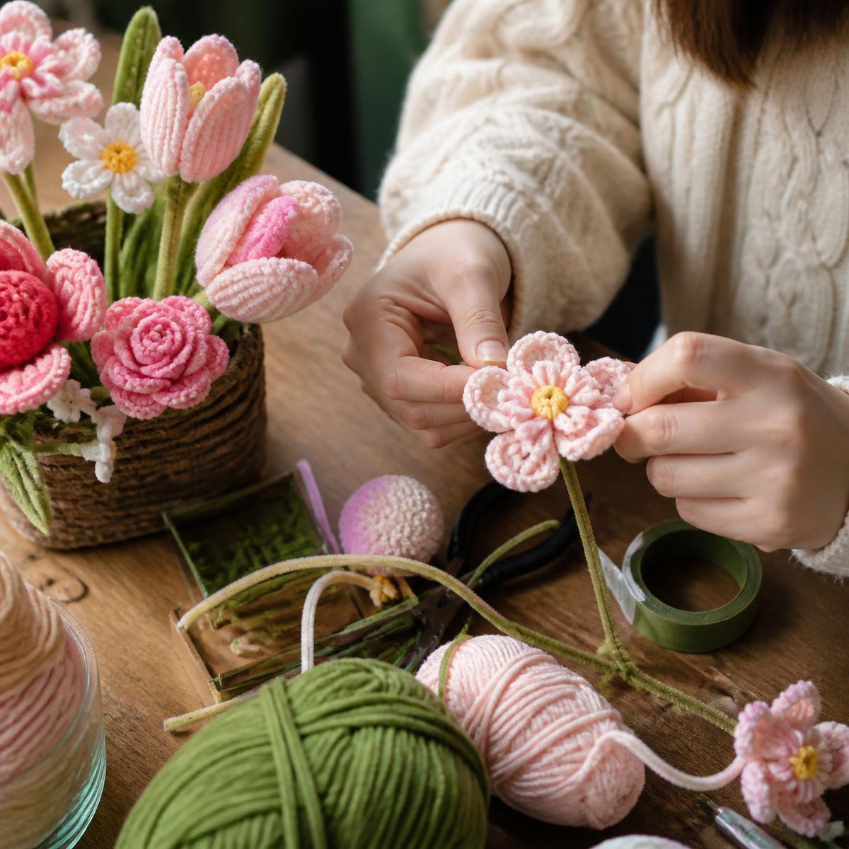 Hands shaping a handmade crochet flower beside yarn and chenille stems